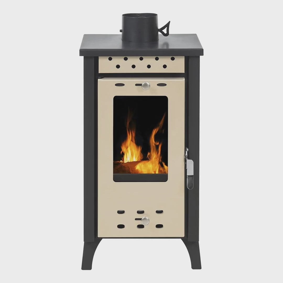 Gekas MG 100 Holzofen schmal Beige – Ansichten: Front mit Feuer, Seite, Rückseite